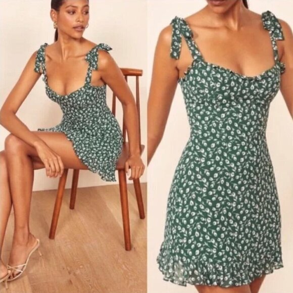 Reformation Christine Dress Susanna Green Floral Tie Shoulder Mini Dress Size 10 - Picture 2 of 13